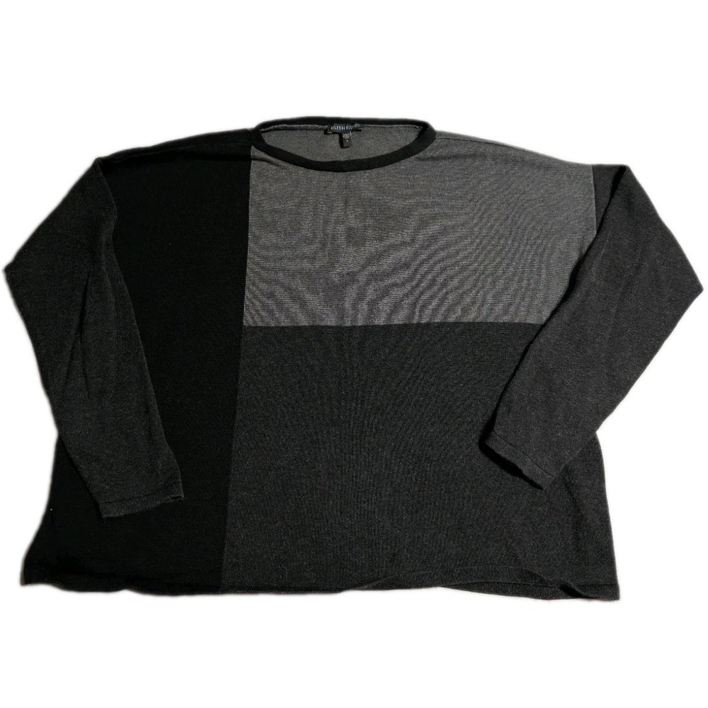 Eileen Fisher Womens S Gray Black Colorblock Tencel Silk Oversized Sweater